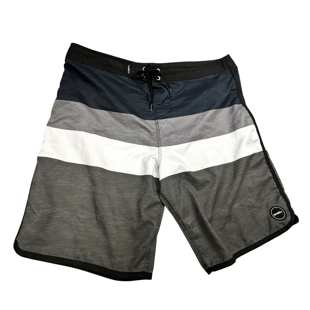 O'Neill Board Shorts Mens Size 36 Gray Black White Striped Surf Swim Trunks